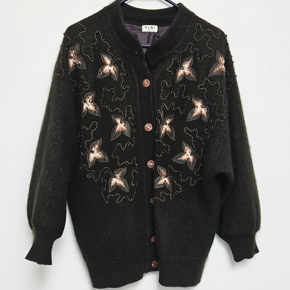 Vintage Sweaters - Vintage VIMI 100% Angora Wool Embroidered Dark Chocolate Sz L Lined  Cardigan